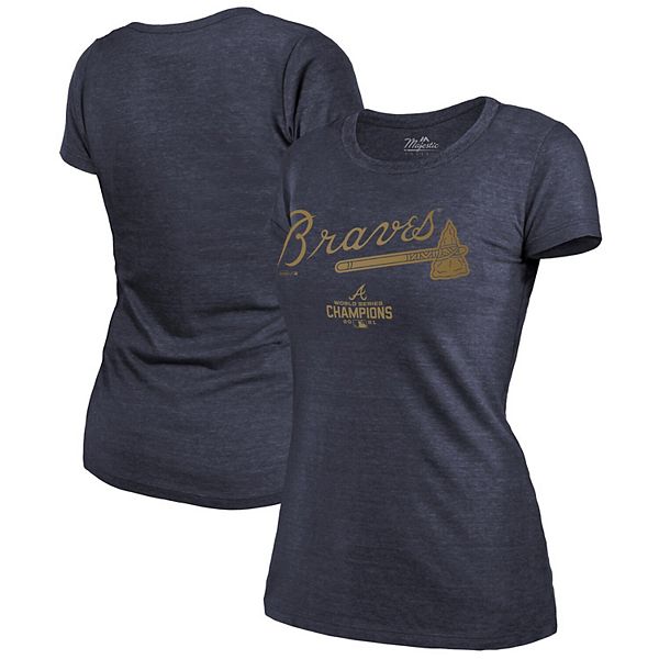 Women's Majestic Threads Navy Atlanta Braves 2022 Gold Program Wordmark  T-Shirt