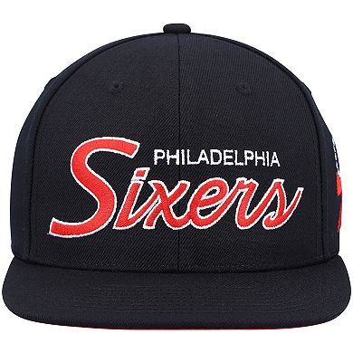 Men's Mitchell & Ness Black Philadelphia 76ers Hardwood Classics Script 2.0 Snapback Hat