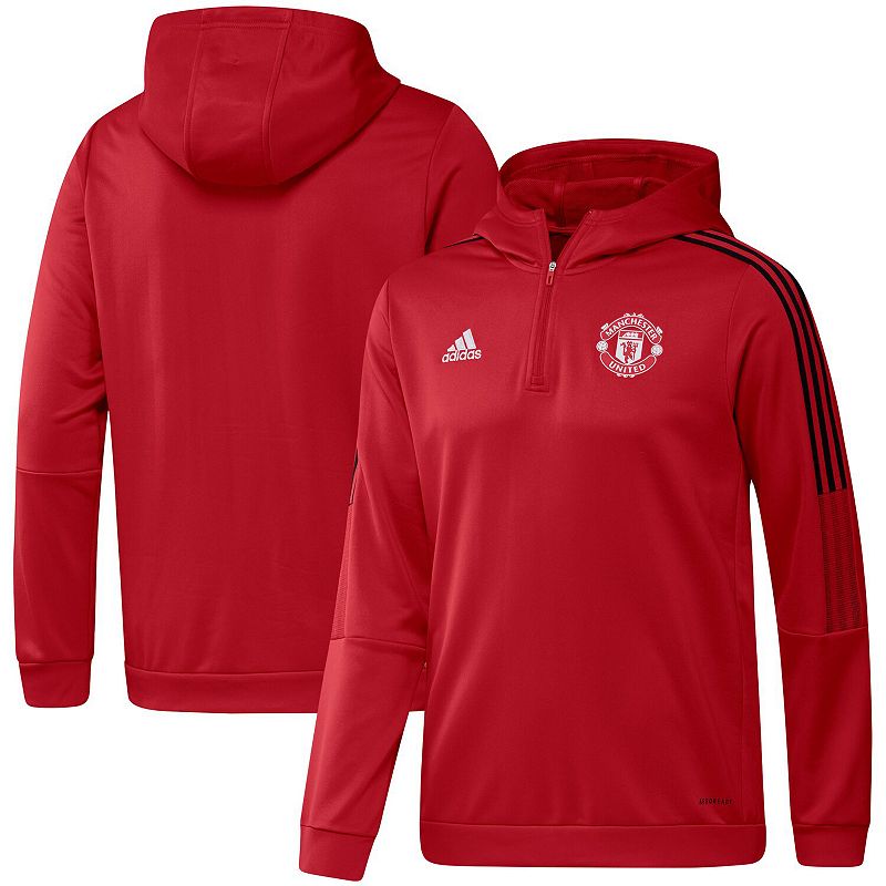 Mens adidas Red Manchester United Quarter-Zip Track AEROREADY Hoodie, Size