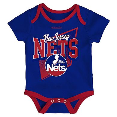 Newborn & Infant Mitchell & Ness Blue/Red New Jersey Nets 3-Piece Hardwood Classics Bodysuits & Cuffed Knit Hat Set