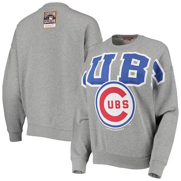 Women's Mitchell & Ness Heathered Gray Chicago Cubs Cooperstown Collection  Logo Lightweight Pullover Sweatshirt