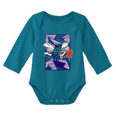 Infant Mitchell & Ness Purple/Teal Charlotte Hornets Hardwood Classics Bodysuits & Cuffed Knit Hat Set