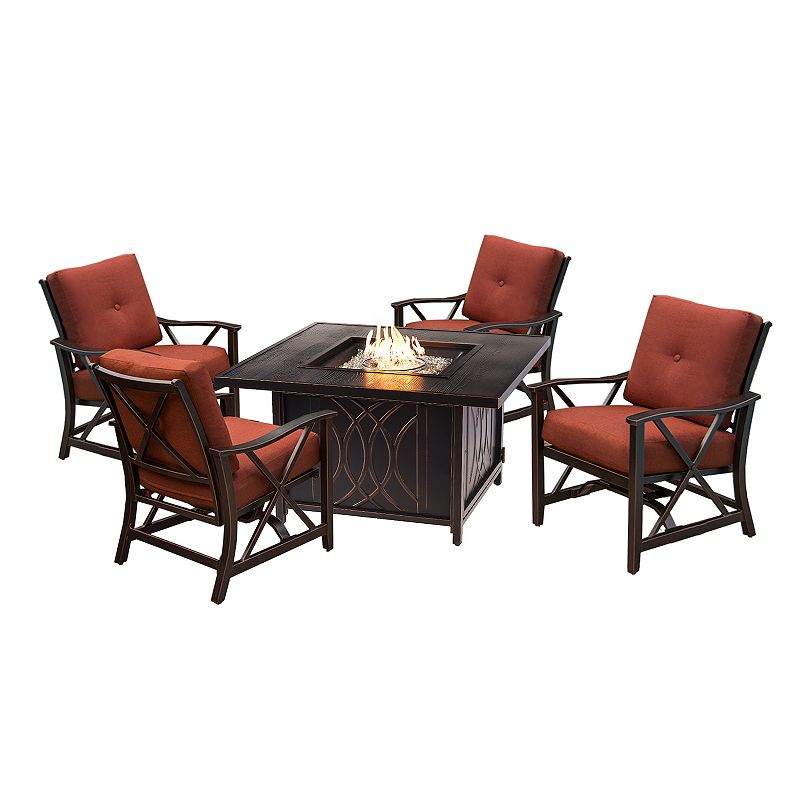 Oakland Living Square Fire Table & Deep Seat Rocking Chair 5-piece Set, Bro