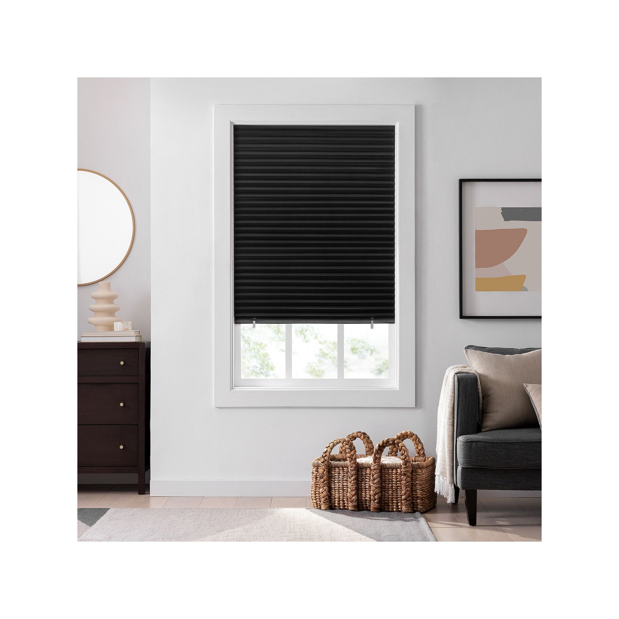 eclipse Blackout Paper Pleated Cut-To-Width Two Piece Shade Set, Black 2pk