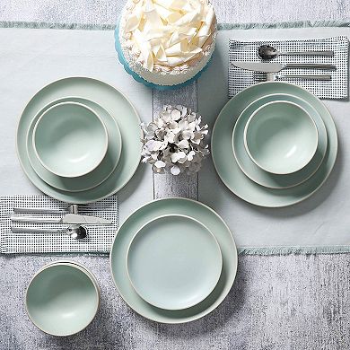 Gibson Rockaway 12 Piece Stoneware Dinnerware Set, Plates & Bowls, Matte Teal