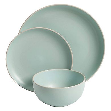 Gibson Rockaway 12 Piece Stoneware Dinnerware Set, Plates & Bowls, Matte Teal