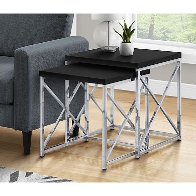 Monarch Specialties 2 Piece Square Nesting Accent Table Set, Black and Chrome