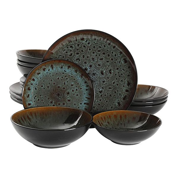 Gibson Elite Kyoto 16 Piece Double Bowl Dinnerware Set, Service for 4, Teal