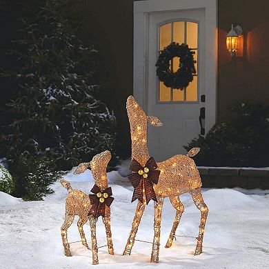 Noma 3 Ft Pre Lit LED Doe and Fawn Outdoor Holiday Lawn Decoration Set, Gold