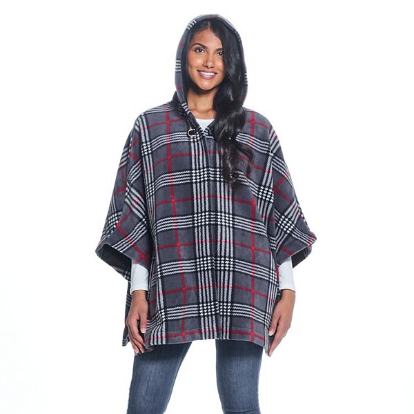 Women's Weathercast Hood Plaid Fleece Poncho