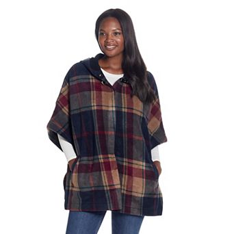 Women's Weathercast Hood Plaid Fleece Poncho