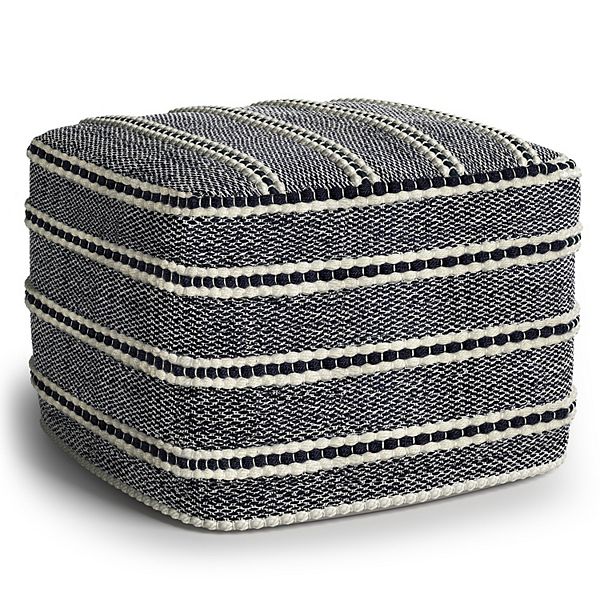 Simpli Home Corrie Boho Square Woven Pouf in Navy and White