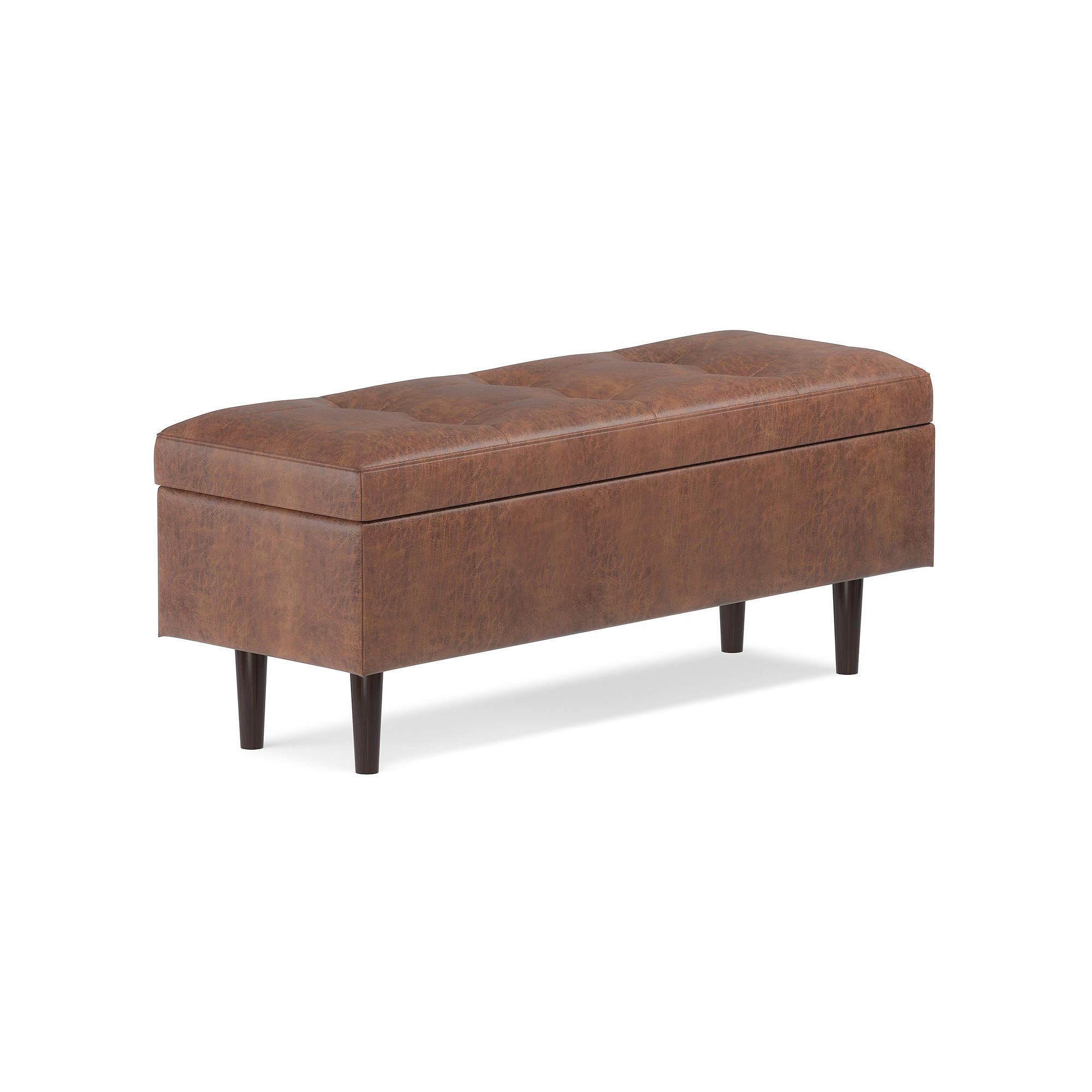 Simpli Home Shay 48-in. Mid-Century Storage Ottoman, Saddle Brown