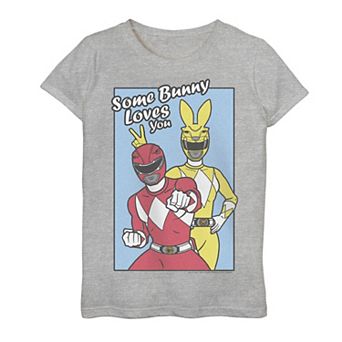 Girls 7-16 Power Rangers Yellow & Red Easter Some Bunny Loves You Graphic Tee