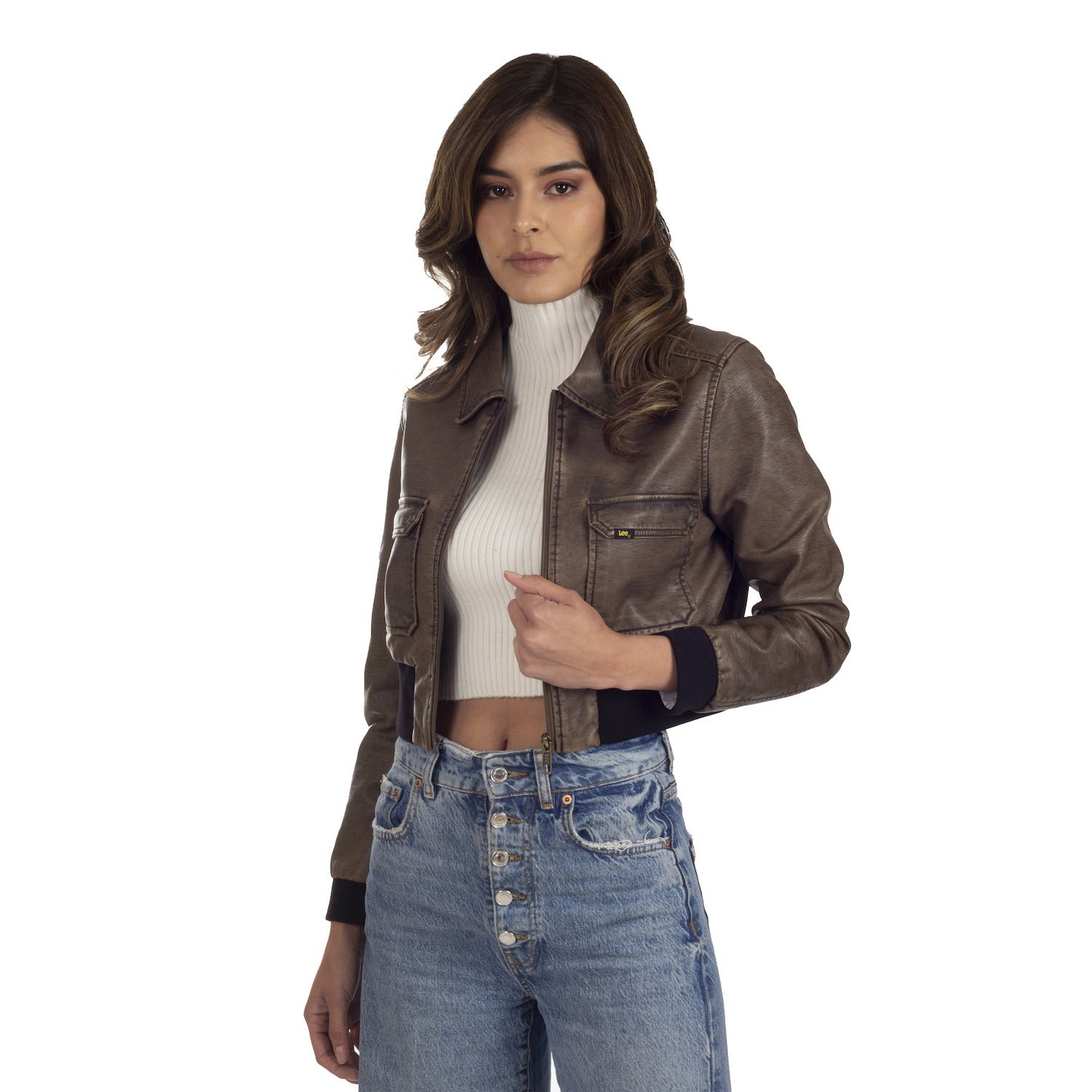 Cropped leather bomber jacket