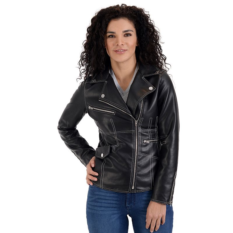 Womens Nine West Faux-Leather Biker Jacket, Size: Small, Black