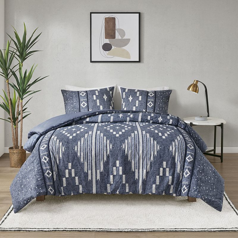 INK+IVY Inari Ikat Print and Braided Trim Cotton 3-Piece Duvet Cover Set wi
