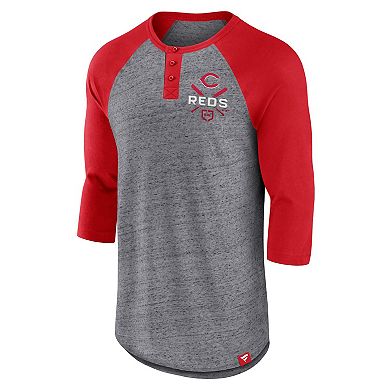 Men's Fanatics Branded Heathered Gray/Red Cincinnati Reds Iconic Above Heat Speckled Raglan Henley 3/4 Sleeve T-Shirt