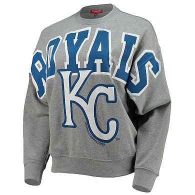 Women's Mitchell & Ness Heathered Gray Kansas City Royals Cooperstown Collection Logo Lightweight Pullover Sweatshirt