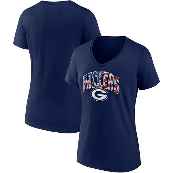 Women's Fanatics Branded Navy Green Bay Packers Team Banner Wave V-Neck T- Shirt