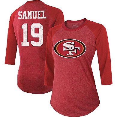 Women's Majestic Threads Deebo Samuel Scarlet San Francisco 49ers Player Name & Number Raglan Tri-Blend 3/4-Sleeve T-Shirt