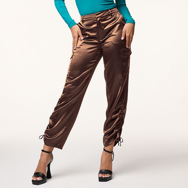 Kimme Ruched Satin Cargo Pants in Khaki