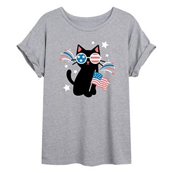 Juniors' Patriotic Black Cat Oversized Tee