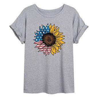 Juniors' USA Flag Sunflower Oversized Tee