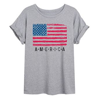 Juniors' Distressed US Flag Oversized Tee