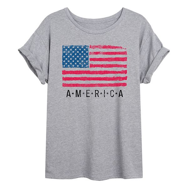 Juniors' Distressed US Flag Flowy Tee