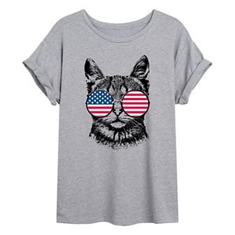 Juniors' US Flag Glasses Cat Oversized Tee