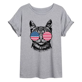 Juniors' US Flag Glasses Cat Oversized Tee