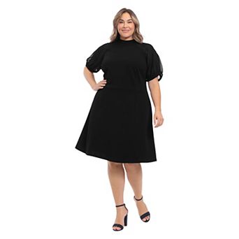 Plus Size London Times Mockneck Sheer Raglan Fit & Flare Dress