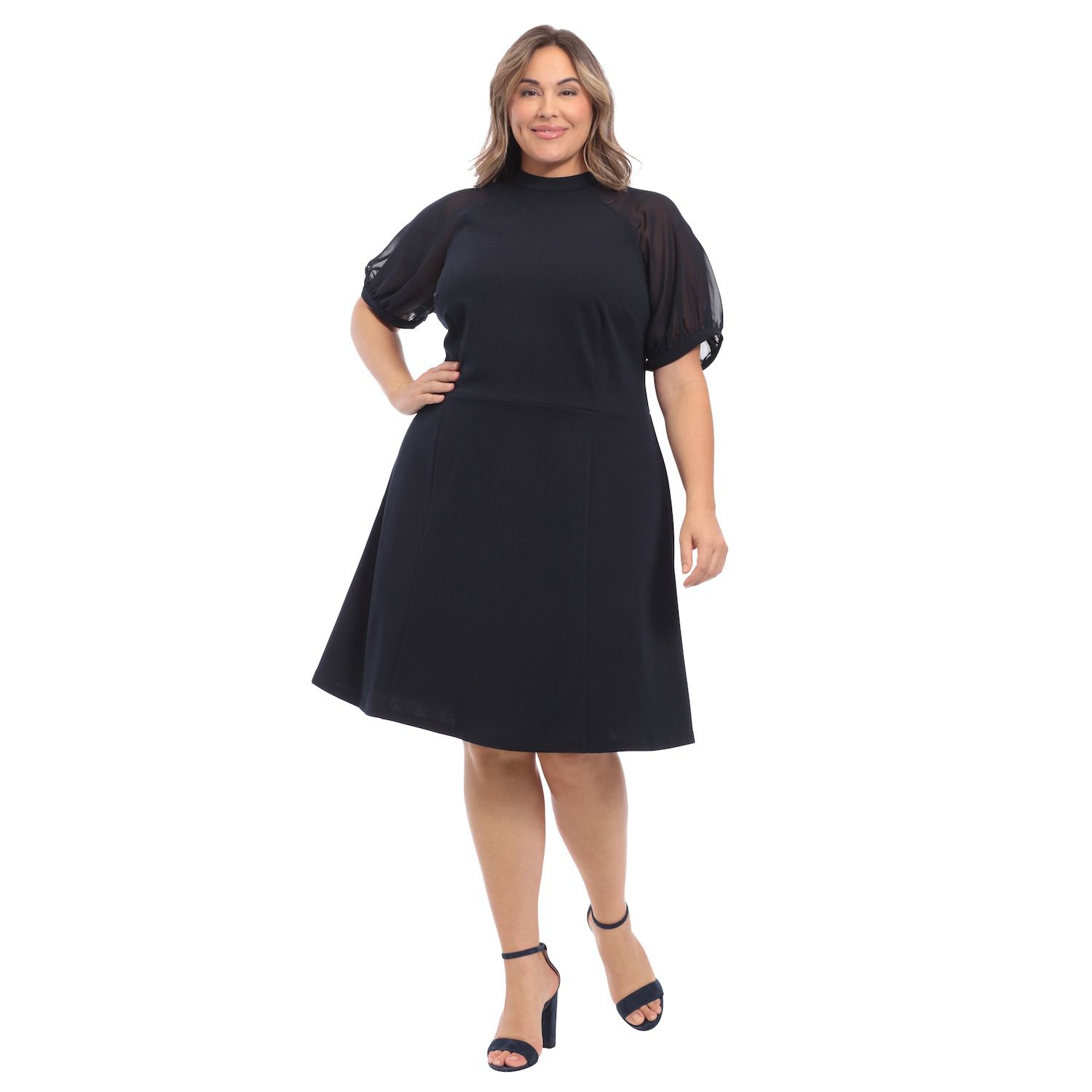 Женские платья Plus Size London Times Mockneck Sheer Raglan Fit & Flare, цвет: Тёмно-синий — фото 1