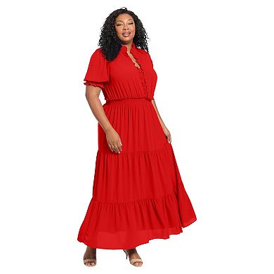 Plus Size London Times Smock Puff Sleeve Ruffle Neck Maxi Dress