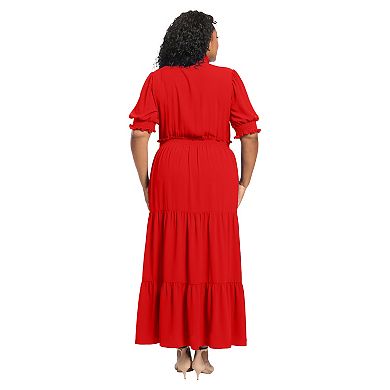 Plus Size London Times Smock Puff Sleeve Ruffle Neck Maxi Dress