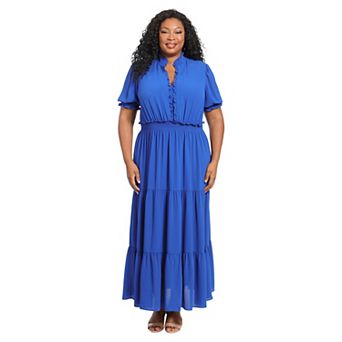 Plus Size London Times Smock Puff Sleeve Ruffle Neck Maxi Dress