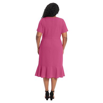 Plus Size London Times V-Neck Twist Flounce Midi Dress
