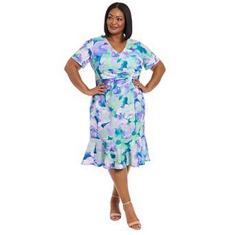Plus Size London Times V-Neck Twist Flounce Midi Dress