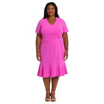 Plus Size London Times V-Neck Twist Flounce Midi Dress