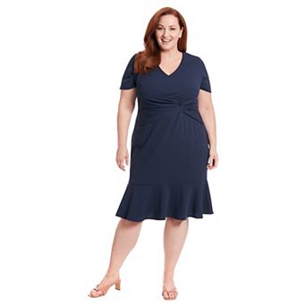 Plus Size London Times V-Neck Twist Flounce Midi Dress