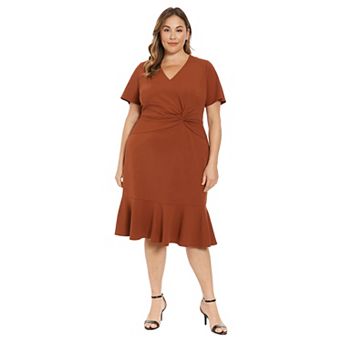 Plus Size London Times V-Neck Twist Flounce Midi Dress