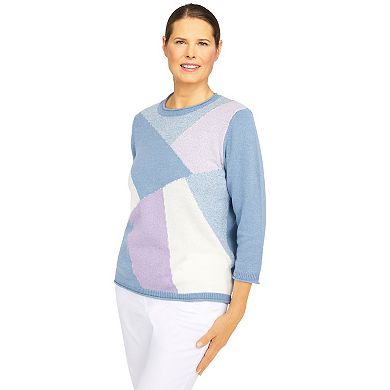 Women's Alfred Dunner Victoria Falls Crewneck Three Quarter Sleeve Colorblock Sweater
