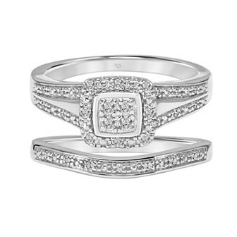 Love Always Sterling Silver 1/5 Carat T.W. Diamond Halo Cluster Engagement Ring Set