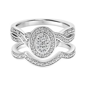 Love Always Sterling Silver 1/4 Carat T.W. Diamond Oval Cluster Halo Engagement Ring Set