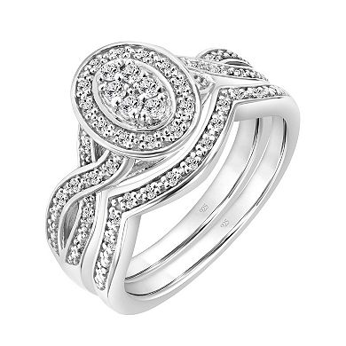 Love Always Sterling Silver 1/4 Carat T.W. Diamond Oval Cluster Halo Engagement Ring Set