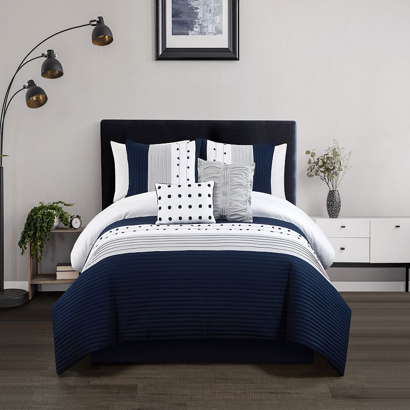 Chic Home Lainy Pleated Comforter Set With Coordinating Pillows, Blue, Quee