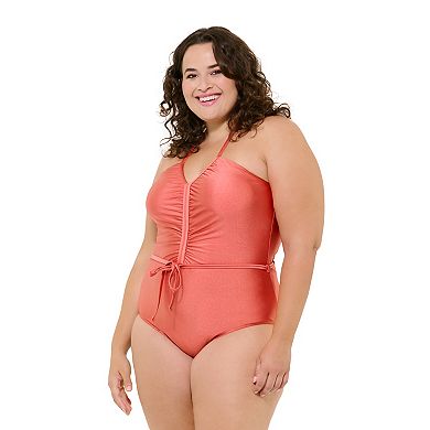 Plus Size Freshwater Ruched Tie-Front One-Piece Swimsuit