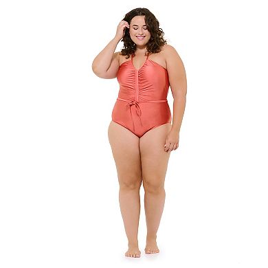 Plus Size Freshwater Ruched Tie-Front One-Piece Swimsuit