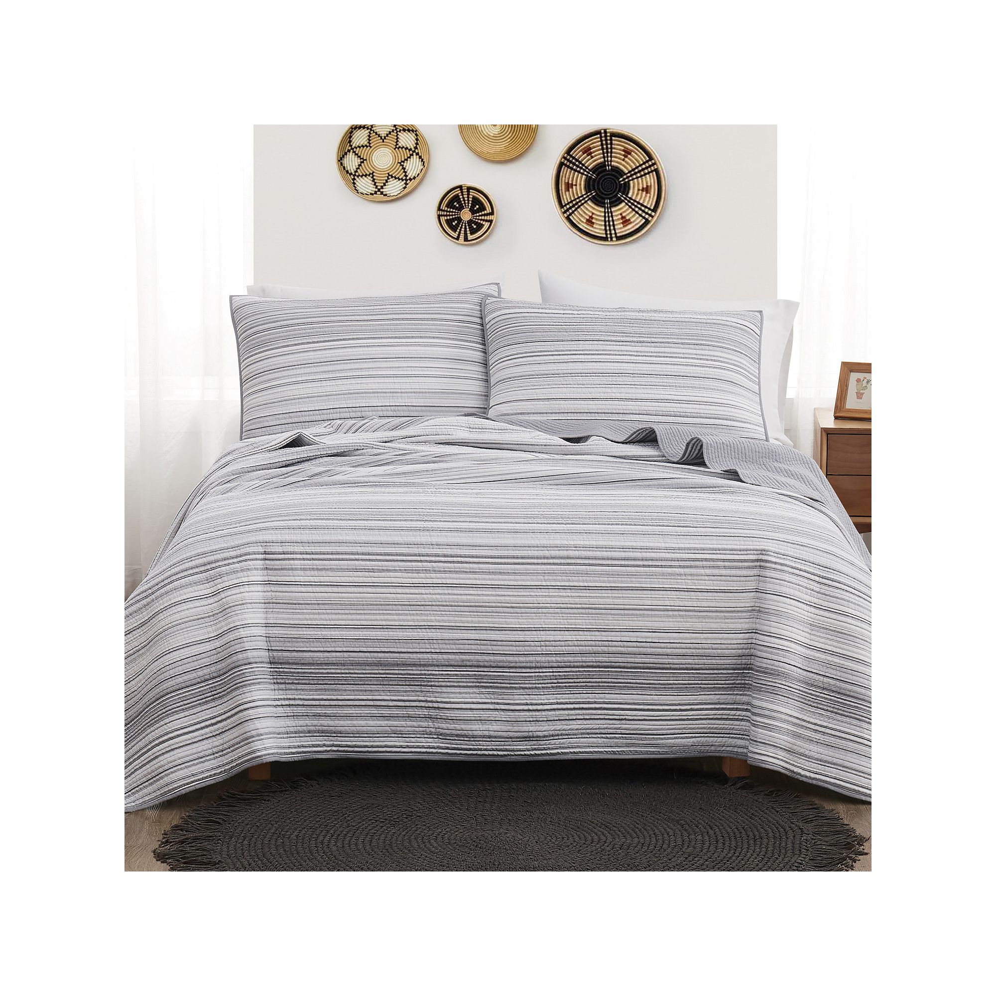 Brooklyn Loom Noah Stripe Yarn Dye Quilt Set with Shams, Gray Team